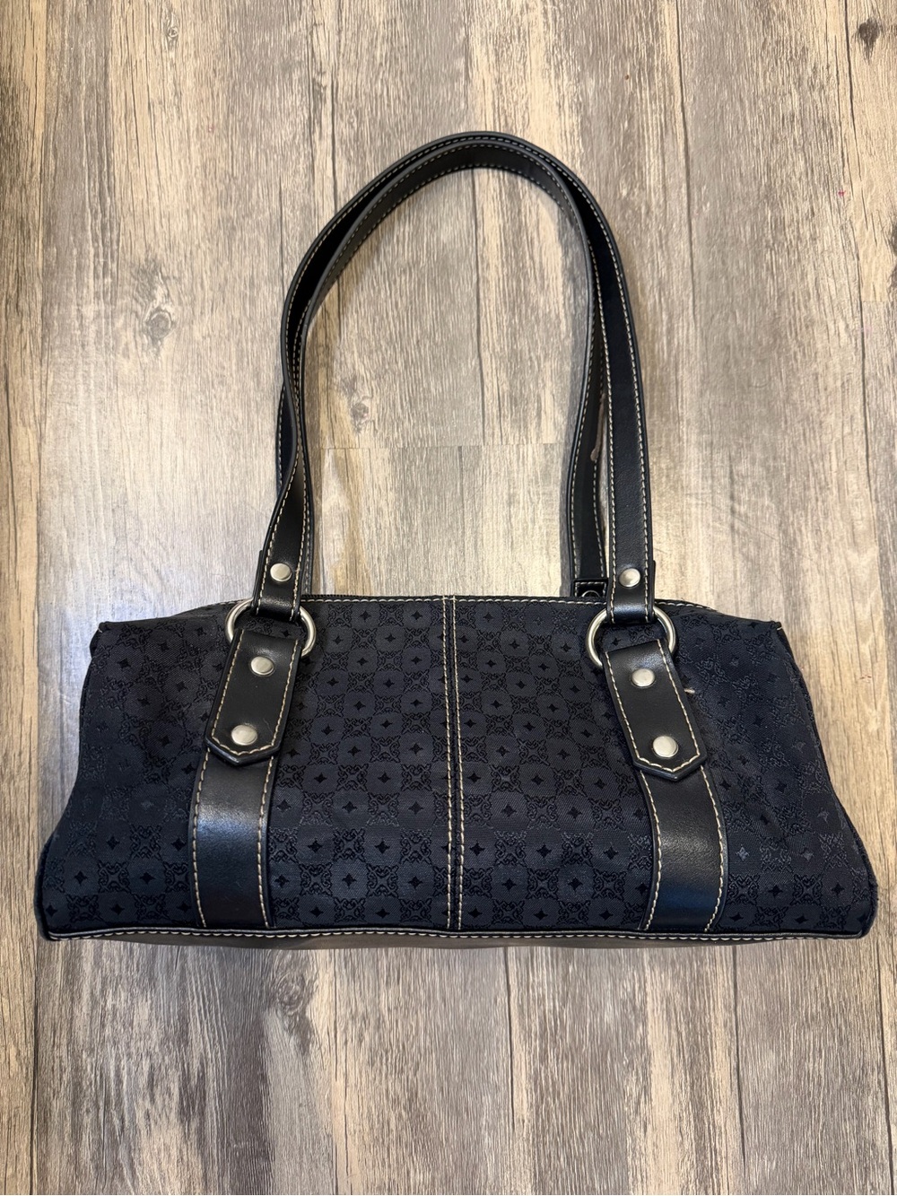 Vintage Y2K Villager Black Buckle Baguette Barrel Bag Floral Jacquard Pattern